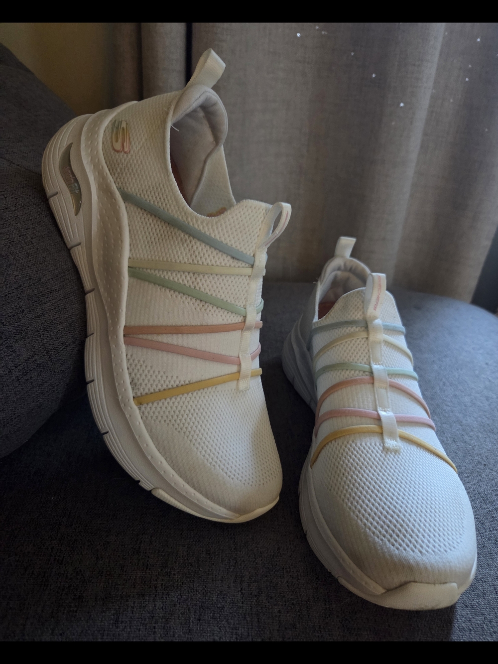 Skechers Women's White Slip-On Athletic Sneakers with Pastel Straps
